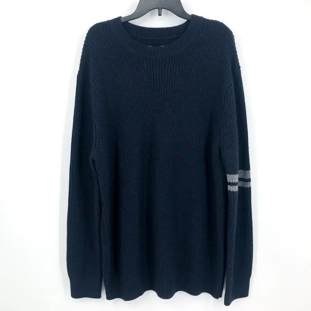 LABEL Men's Go-To Sweater Large Navy Blue Light Grey Crewneck Merino Wool NWT